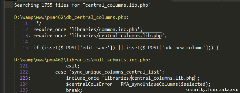 全局搜索引入 central_columns.lib.php 的文件