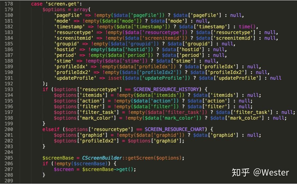 jsrpc.php 第 178 行起 `case 'screen.get'` 段,可见 resourcetype 判断与 CScreenBuilder::getScreen 调用