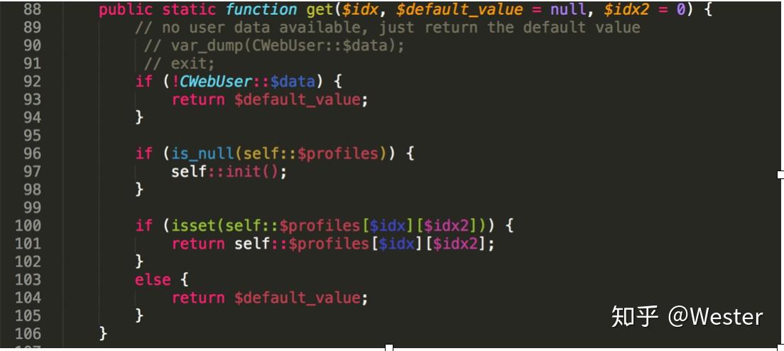 CProfile::get 函数 88-106 行,可见 var_dump(CWebUser::$data) 与 104 行返回空值
