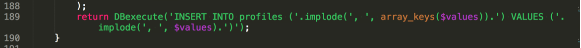 最终执行 SQL 的位置:db.inc.php 第 189 行 `DBexecute('INSERT INTO profiles (...) VALUES (...)')`,profileIdx2 直接拼接到 SQL 语句里