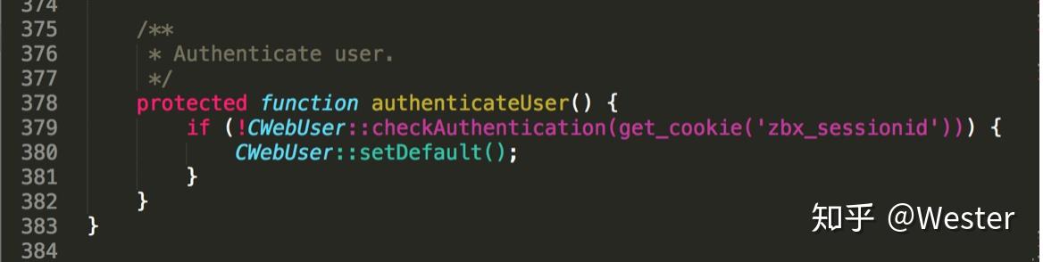 Zbase.php 中 authenticateUser(374-384 行):session 校验失败时调用 CWebUser::setDefault()