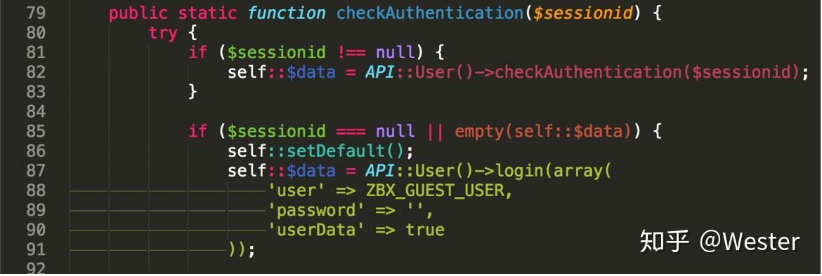 checkAuthentication(79-92 行):session 为空时调用 setDefault(),并以 ZBX_GUEST_USER 调 API::User()->login