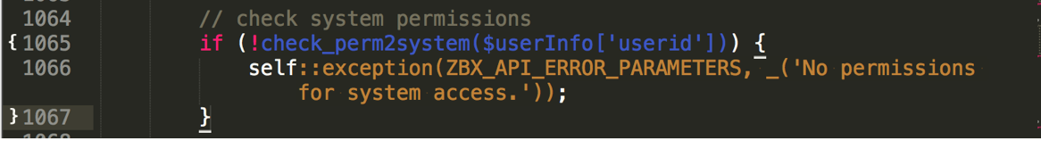 API::User()->login() 第 1065-1067 行:check_perm2system 失败时抛 ZBX_API_ERROR_PARAMETERS,导致 userid 仍为 0、flush 不执行